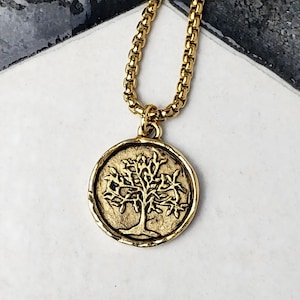 Men&#39;s &quot;RUSTIC TREE of LIFE&quot; Necklace| Men&#39;s Gold Stainless Steel Rustic Tree of Life Coin Pendant Necklace| Men&#39;s Gold Chain Necklace