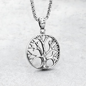 Men&#39;s &quot;TREE OF LIFE&quot; Necklace| Men&#39;s Silver Stainless Steel Tree of Life Medallion Pendant Necklace| Men&#39;s Silver Stainless Steel Necklace