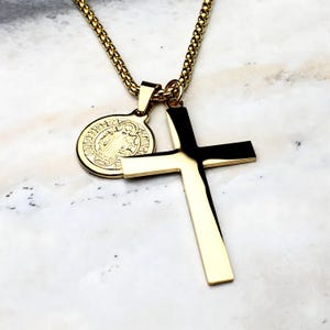 Men&#39;s &quot;GOLD SAINTS CROSS&quot; Necklace| Men&#39;s Gold Stainless Steel Cross Saint Benedict Coin Pendant Necklace| Men&#39;s Gold Box Chain Necklace