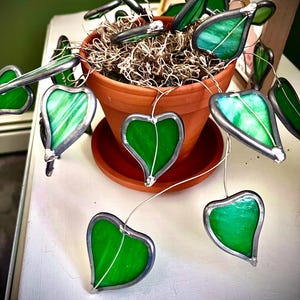 May include: A stained glass plant sculpture with green heart-shaped leaves hanging from a terracotta pot. The leaves are wired together and have a silver finish.