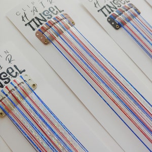Patriotic Hair Tinsel Extension: Red, White & Blue Clip-In Sparkle Reusable Clip-in Hair Tinsel