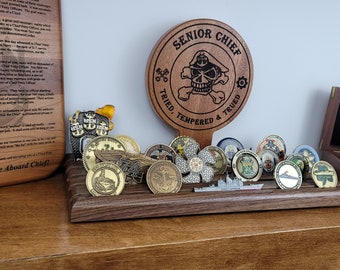 Challenge Coin Display, Personalized Military, Police, First Responder Coin Display - Solid Walnut and Mahogany, 40-50 Coin desktop display