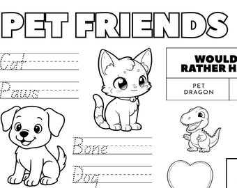Kids Activity Placemat Printable | Pet Coloring Maze Word Games | Restaurant Party Classroom | Instant Download PDF