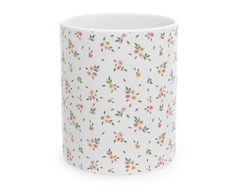Coquette Floral Ceramic Coffee Mug | Pink Floral Tea Cup | Aesthetic Gift for Her | Cottagecore Mug | 11oz Vintage Dishwasher Safe