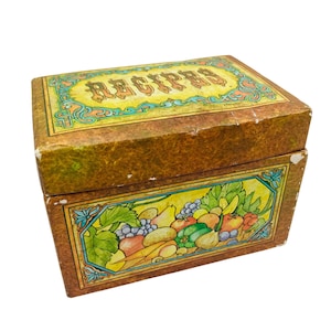 Vintage jaren 70 keukenreceptendoos met kaarten en verdelers Retro decor kitscherig