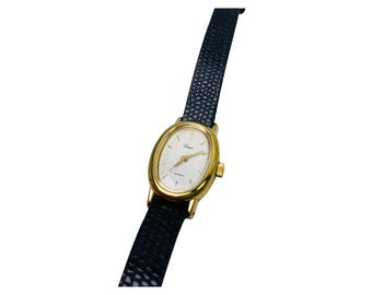 Timex Cavatina Women's Watch Gold Tone Oval Black Leather Strap