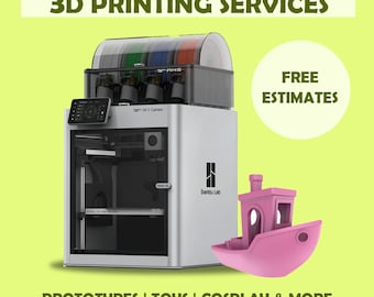 May include: A white 3D printer with a pink toy boat in front of it. The printer has a touchscreen display and a filament spool holder. The text "3D PRINTING SERVICES" is at the top of the image, and "FREE ESTIMATES" is in a circle to the right of the printer. The text "PROTOTYPES | TOYS | COSPLAY & MORE" is at the bottom of the image.