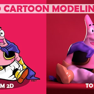 May include: A 2D cartoon image of a pink character wearing a purple cape and a white outfit is transformed into a 3D model. The 3D model is rendered in a realistic style with shadows and highlights. The text "3D CARTOON MODELING" is displayed above the images, and the text "FROM 2D" and "TO 3D" is displayed below the images.