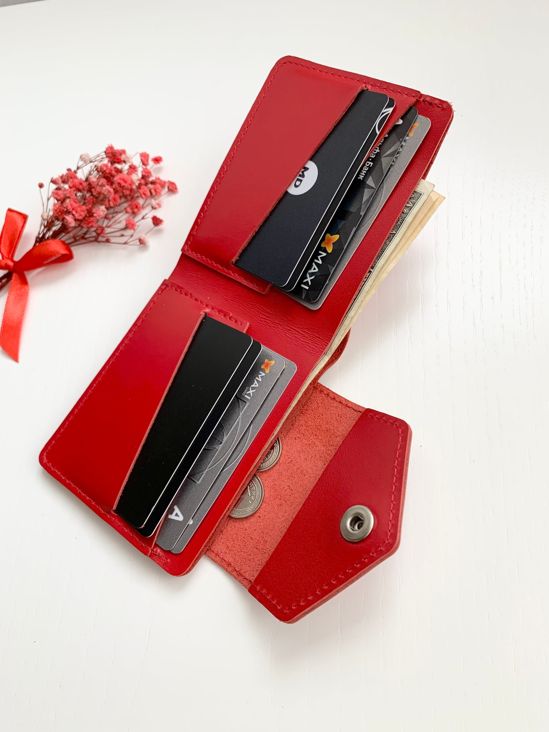 Red leather womens wallet small Mini wallet for women Etsy