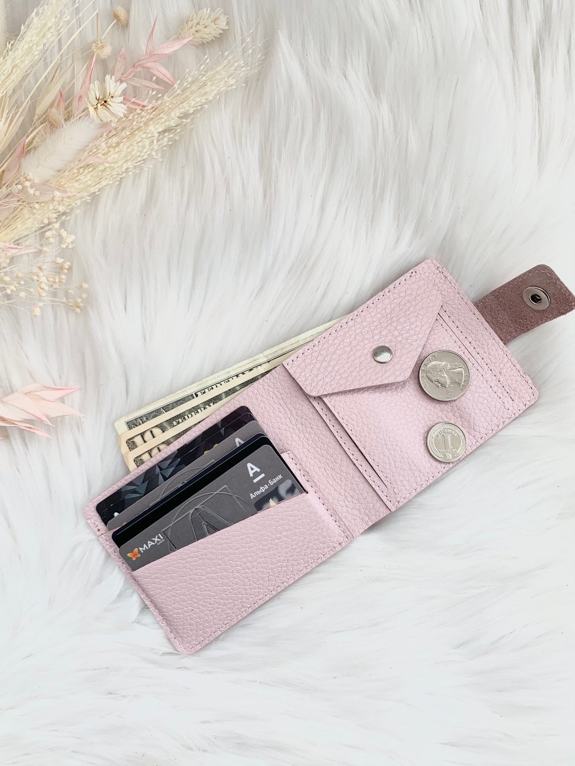 Pink leather wallets women Small womens wallet Cute wallet Etsy