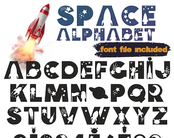 Kinderen ruimteletters SVG, zonnestelsel alfabet, Galaxy letters SVG, maan en sterren clipart, ruimte abc woorden, afdrukbare kinderen letters