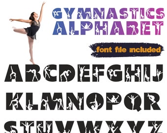 Gymnastics font, Gymnastics mom svg, Gymnast alphabet, Sport font, Craft font, Gymnastic letters, Girls woman gymnastics SVG alphabet