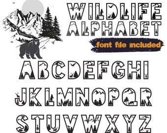 Wildlife animals font, Forest and mountains font, Nature font, Animals letters SVG, Kids nursery letters, Forest bear font, Tree silhouette