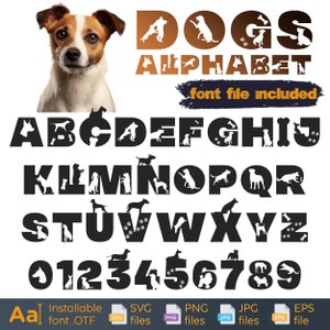 Letras de perro SVG, alfabeto y números de perro SVG, clipart de silueta de perro, fuente de manualidades, fuente de animales, fuente de vida silvestre, postales, decoración de tazas