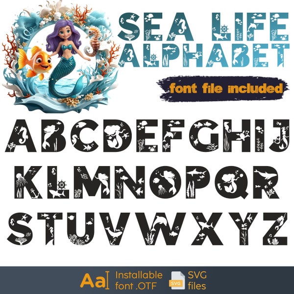Sea life font, Ocean animals alphabet, Under water letters SVG, Nautical nursery decor, Marmaid SVG letters, Under the sea, Water alphabet