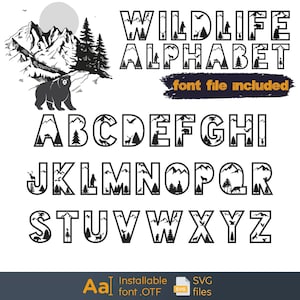 Fonte de animais selvagens, Fonte de floresta e montanhas, Fonte de natureza, Letras de animais SVG, Letras de berçário infantil, Fonte de urso da floresta, Silhueta de árvore