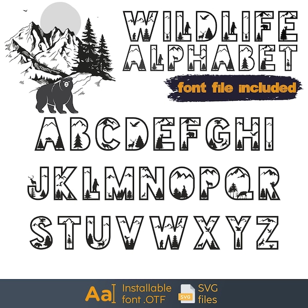 Wildlife animals font, Forest and mountains font, Nature font, Animals letters SVG, Kids nursery letters, Forest bear font, Tree silhouette