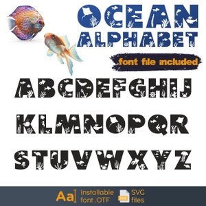 Fonte oceano subaquático, Letras submarinas clipart, Alfabeto de peixes SVG, Fonte de artesanato, Alfabeto de fonte de tubarões, Decoração náutica, Sala de aula oceânica