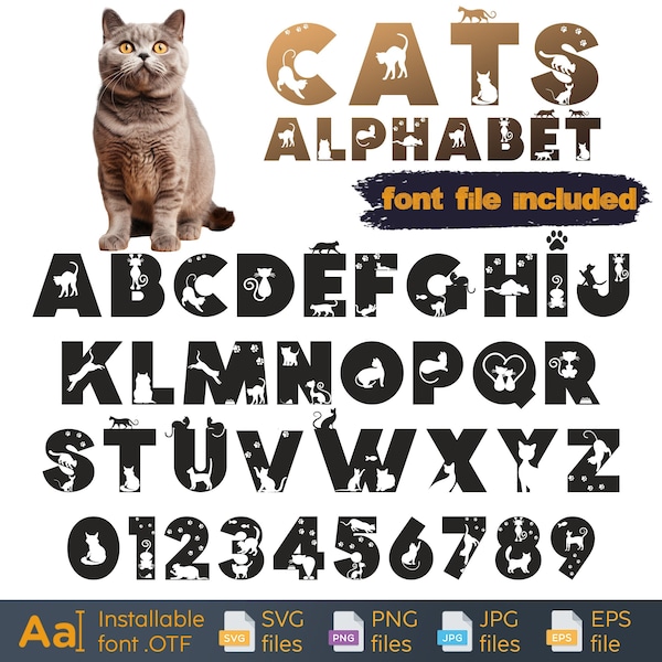 Kitty Alphabet svg, Cat letters, kids alphabet and numbers, Cat lover svg, pussy letters svg, Cat birthday,  Cats svg clipart, Silhouette