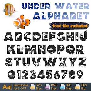 Letras do oceano SVG, alfabeto subaquático SVG, decoração de quarto oceânico, fonte de tubarão, decoração náutica, peixe svg, decoração de berçário subaquático