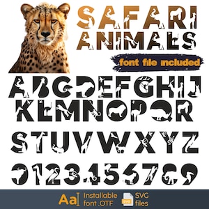 Fuente de animales de Jungle Safari, fuente para manualidades para niños, letras de vida silvestre, fuente elegante, descarga instantánea, números y alfabeto salvajes, imágenes prediseñadas de animales
