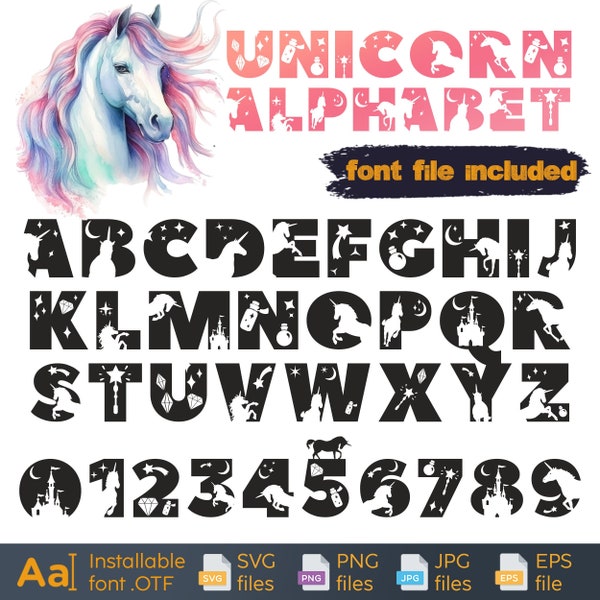 Unicorn alphabet SVG, Unicorn letters numbers SVG, Unicorn birthday decoration, Unicorn printable, Unicorn clip art, Unicorn shirt design