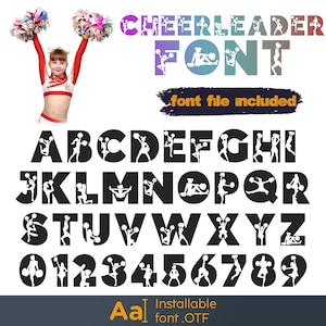 Op de afbeelding: Cheerleader Font - Een zwart-wit lettertype met de letters A tot en met Z en de cijfers 0 tot en met 9. Elke letter en elk cijfer wordt gevormd door een silhouet van een cheerleader in een andere pose. De tekst "Cheerleader Font" staat bovenaan de afbeelding in een verloop van paars, blauw en groen. De tekst "font file included" staat onder het lettertype in een zwarte rechthoek. De tekst "Aa" staat onderaan de afbeelding met de tekst "Installable font .OTF" eronder.