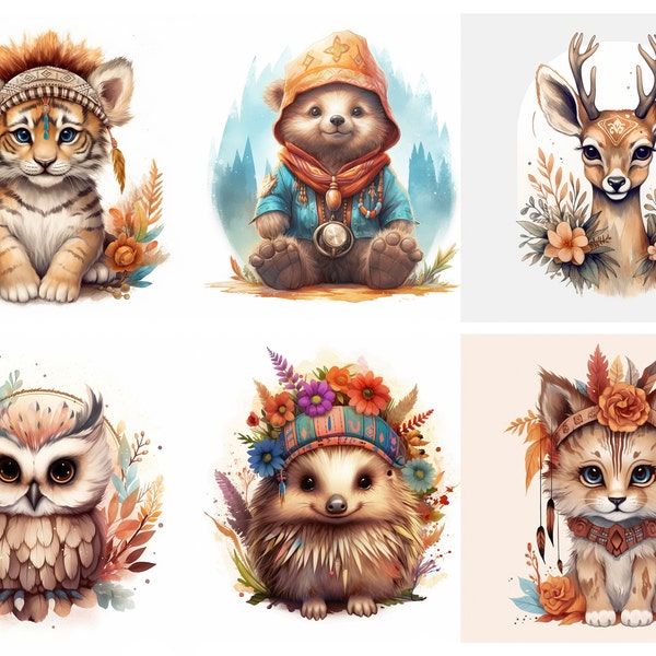 Watercolor Animals Illustrations, Woodland Animals, Tiger, Bear, Deer, Owl, Wildcat, Hedgehog, Cartoon Animals, PNG files, DIY, Illustration