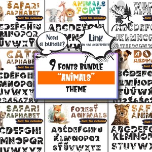 Peut inclure: Neuf polices de caract&egrave;res diff&eacute;rentes sur le th&egrave;me des animaux. Chaque police comprend des lettres majuscules, des chiffres et les mots "Alphabet" et "Fichier de police inclus". Les polices sont&nbsp;: Safari, Animaux, Faune, Chats, Chiens, Animaux de safari, Animaux de la for&ecirc;t et Animaux de safari.
