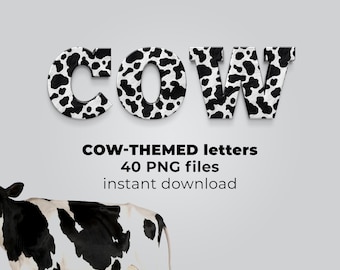 Koeletters PNG, koealfabet PNG, boerderijdierenletters, alfabet clipart, kinderletters, letters en cijfers, schuurdierenletters