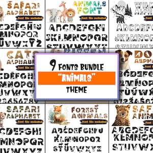 Paquete de 9 fuentes: fuentes de animales de la jungla de safari, fuentes de animales del zoológico, fuentes de gatos y perros en OTF, fuentes para niños y manualidades