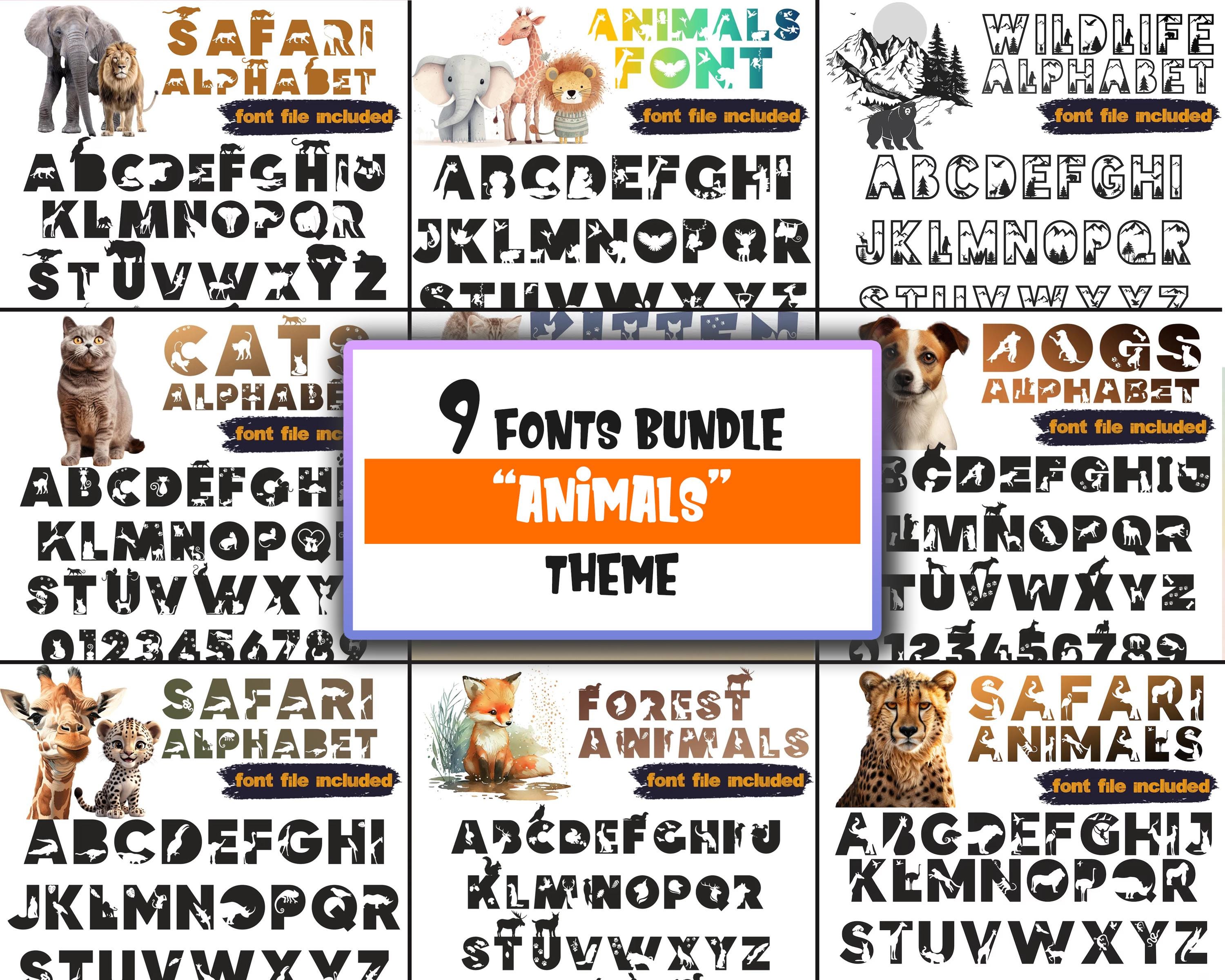 9 Fonts Bundle - Safari Jungle Animals Fonts - Wildlife Zoo Animals Fonts - Cats and Dogs OTF, Fonts for Kids and Crafting