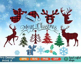 Christmas bundle svg, Christmas tree svg, Reindeer svg, Buffalo plaid svg, Snowflakes svg, Merry Christmas svg, Christmas clipart, Digital