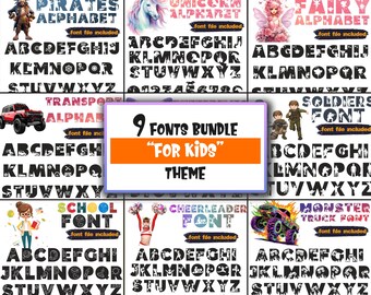 9 Fonts Bundle - Kids Fonts - Pirate, Unicorn, transportation, School, Monster Truck, Army soldiers, and other Fonts for Crafting
