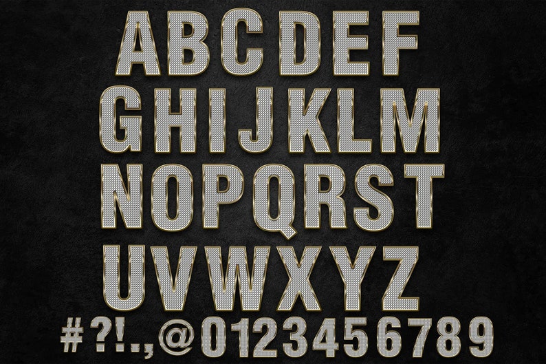 May include: A silver and gold alphabet with diamond-like texture. The letters are uppercase and include the numbers 0-9 and symbols #, ?, !, ., , and @.