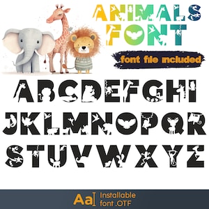 Fuentes de animales para niños, letras de animales, SVG y TTF, animales del zoológico de safari, fuente divertida y linda, decoración de habitaciones para niños, imágenes prediseñadas del alfabeto, letras para guardería
