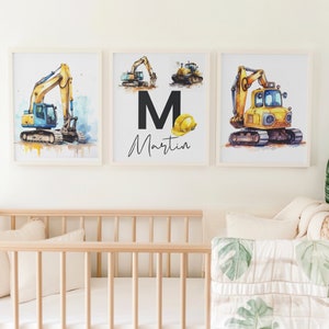 Personalized Construction Vehicles with Initial and Name Print, Boys Bedroom Nursery Wall Decor, Watercolor Excavator Tractor Art