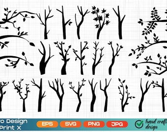 Branche d'arbre svg, silhouettes de branche, clipart branche de feuille, arbre vectoriel svg, svg branche nue, branche vecteur svg, forêt silhouette svg, png