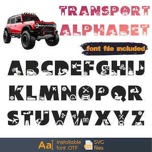 Fonte de transporte, Letras de carros, Alfabeto de transporte, Fonte de artesanato infantil, Fonte de estrada SVG, Avião, Caminhão, Barco, Veículos SVG, Baixar