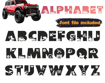 Lettertype vervoer, letters auto's, alfabet vervoer, kinderambachtlettertype, weglettertype SVG, vliegtuig, vrachtwagen, boot, voertuigen SVG, download