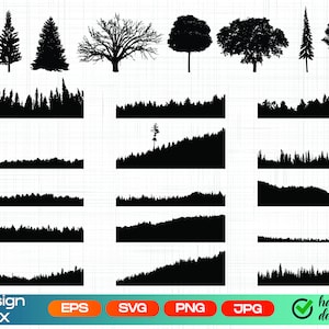 May include: Black silhouette illustrations of various trees and forest landscapes. The image includes individual tree designs and horizontal forest line art, suitable for design projects. The bottom of the image has the text "Pro Design Print X" and file type icons.