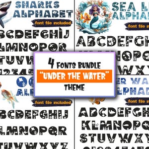 May include: Four different alphabet fonts with an under the sea theme. Each font features black letters with white outlines and various sea creatures and plants inside the letters. The fonts are labeled "Sharks Alphabet", "Sea Life Alphabet", "Under Water Alphabet", and "Ocean Alphabet".