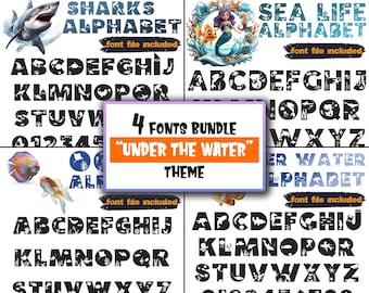 4 Fonts Bundle - Under the Water Alphabet - Sharks and Fish Letters - Sea and Ocean Life Font OTF, Fonts for Kids and Crafting