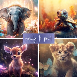 Imágenes Prediseñadas de animales bebé, Estampado de animales, Ilustración de vida silvestre, Póster de animales, Animal de acuarela, Elefante, Tortuga, Ciervo, León DESCARGA DIGITAL