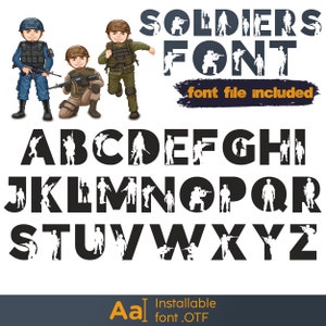 Alfabeto militar, fuente de soldados para niños, letras del ejército, SVG y TTF, fuente divertida y linda, decoración de habitaciones de niños, clipart del alfabeto, letras para guardería
