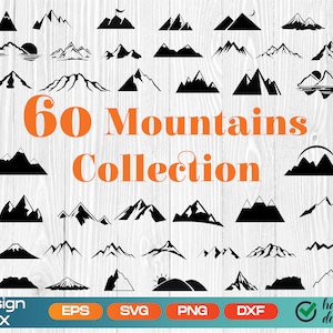 Puede incluir: Una colecci&oacute;n de 60 ilustraciones de siluetas de monta&ntilde;as en blanco y negro. El texto "60 Mountains Collection" est&aacute; en naranja en el centro de la imagen.