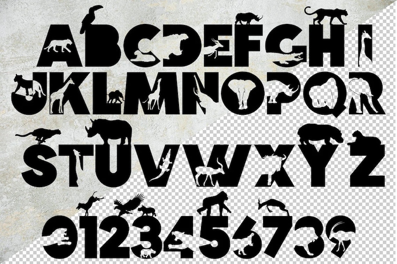 Peut inclure: Alphabet noir et blanc avec des silhouettes d'animaux. Chaque lettre est form&eacute;e par un animal diff&eacute;rent, comme une girafe, un rhinoc&eacute;ros, un &eacute;l&eacute;phant et un gu&eacute;pard. Les chiffres de 0 &agrave; 9 sont &eacute;galement inclus, chacun form&eacute; par un animal diff&eacute;rent.