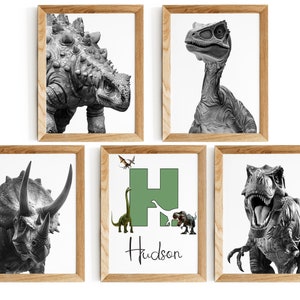 Digital Dinosaurs Print with Custom Name,  Set of 5, Dino Room Decor, Dinosaur Theme Nursery Prints, Baby Boy Decor