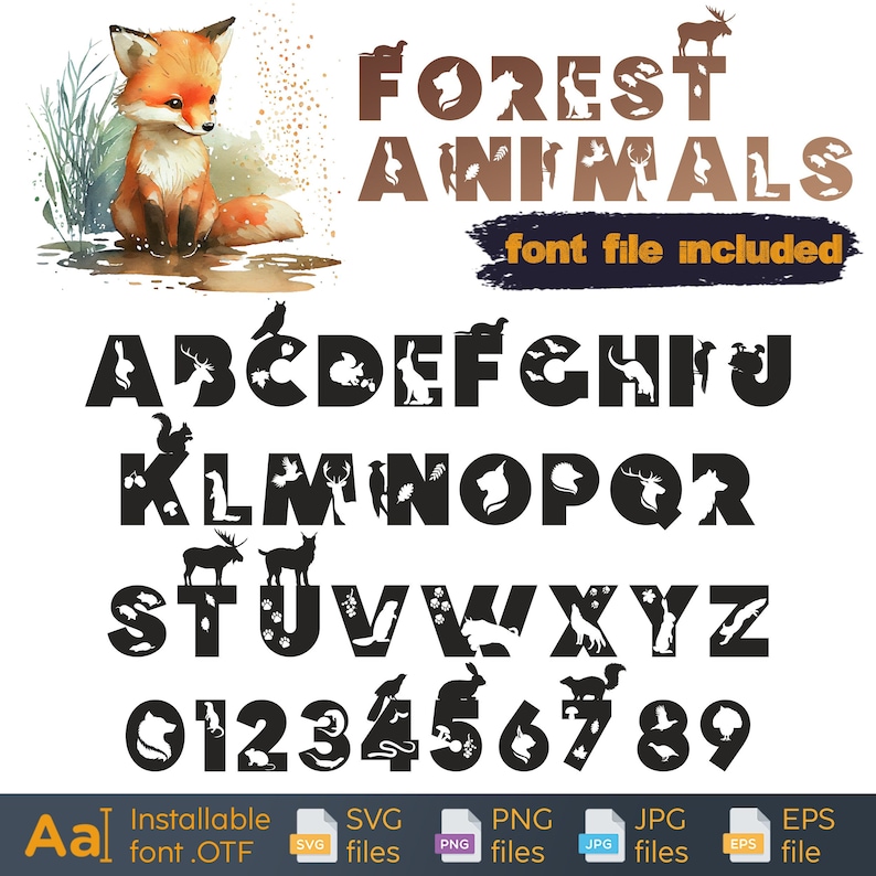 Lettres d'animaux sauvages, SVG, alphabet animaux de la forêt, décoration de chambre d'enfant des bois, police d'animaux, police d'artisanat, sticker mural chambre d'enfant SVG image 1