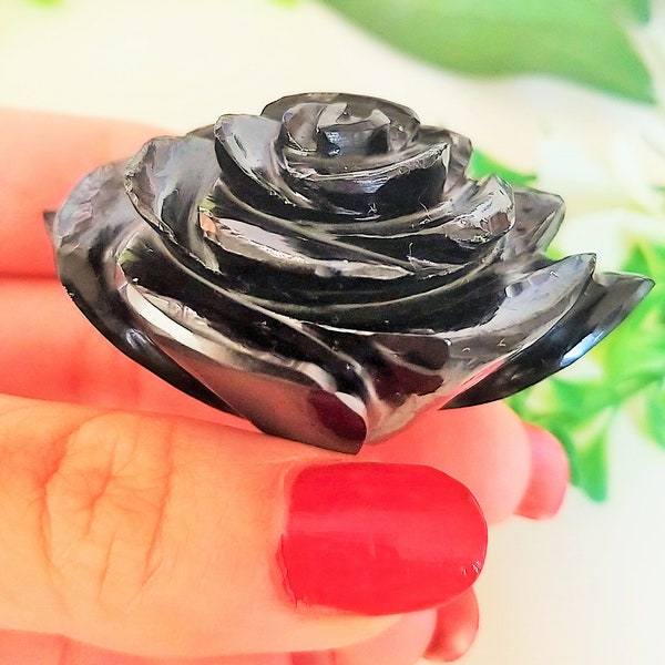 Genuine Black Onyx Flower Carving | Rose Shaped Handmade Crystal | Decor Showpiece | Repel Negativity Crystal | Gift Crystal Carving